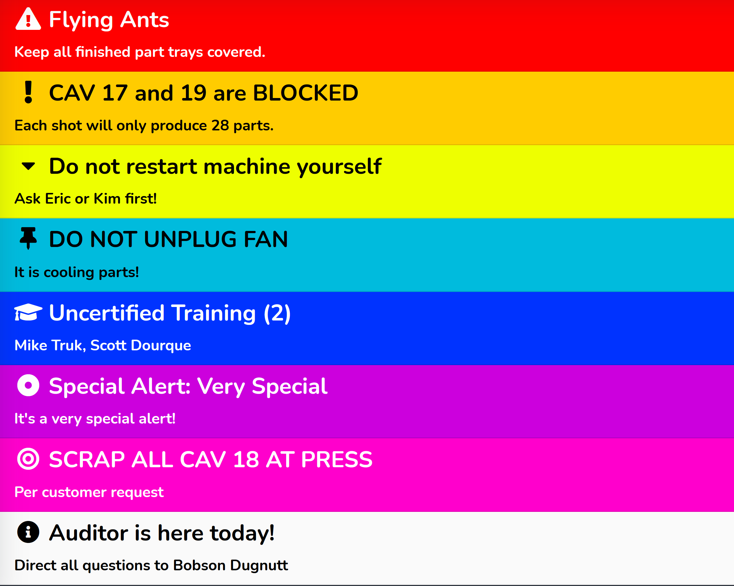A MOLI kiosk screen listing active alerts of every severity, each with its own color and icon