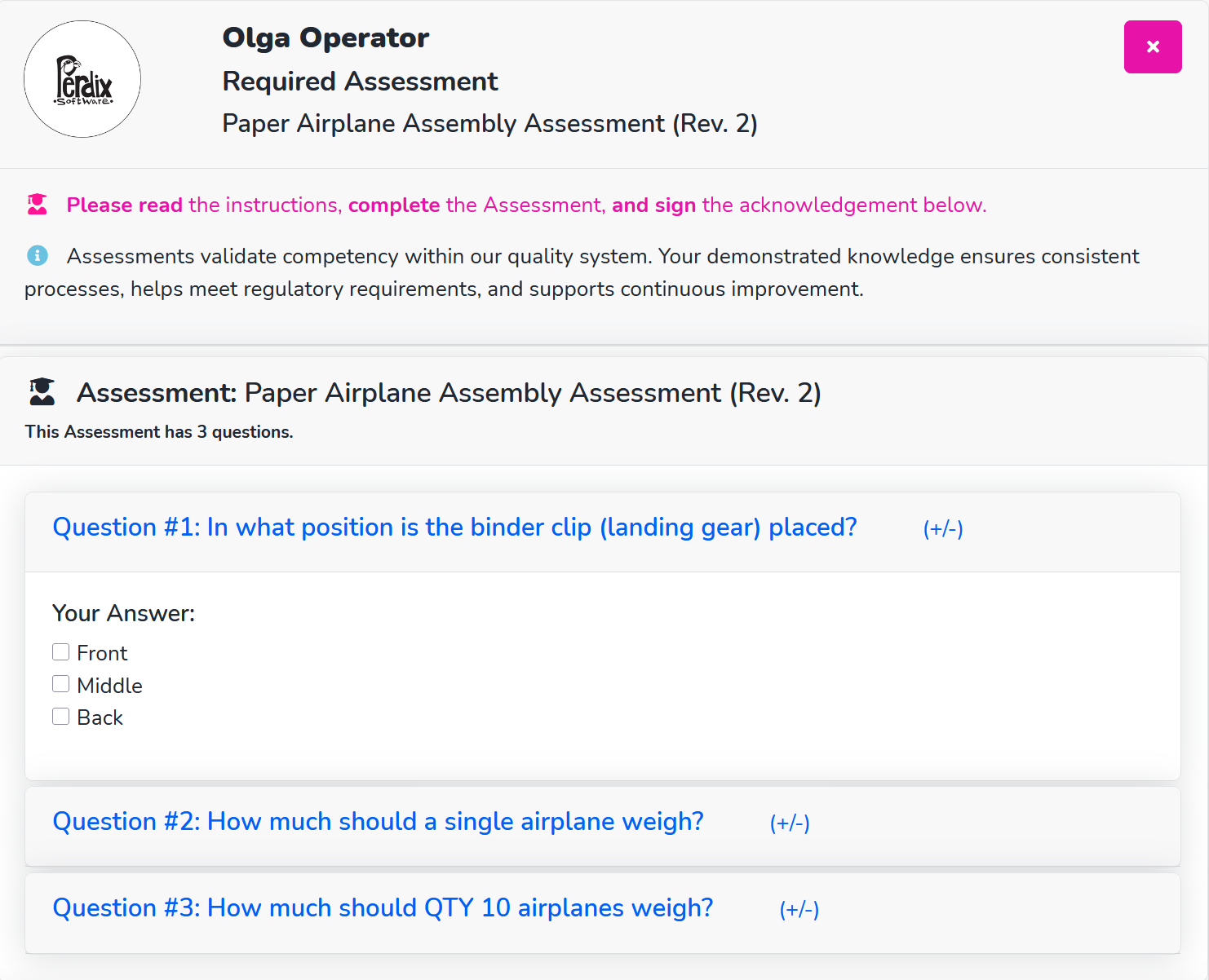 MOLI Assessments: an operator taking a required kiosk assessment with three multiple-choice questions