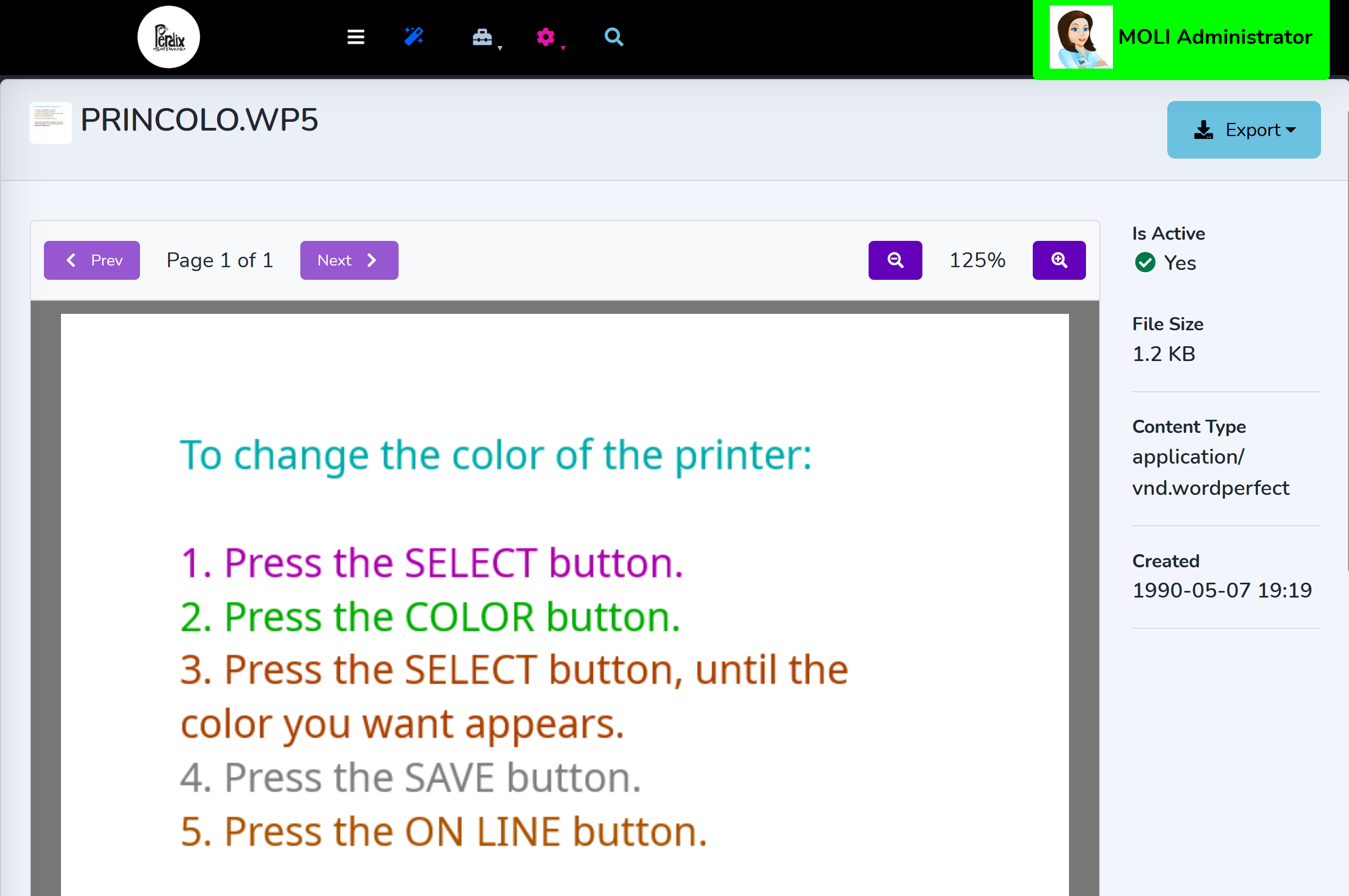 MOLI Files, Photos, and Videos: a 1990 WordPerfect document rendered in the file viewer with its content type and file size