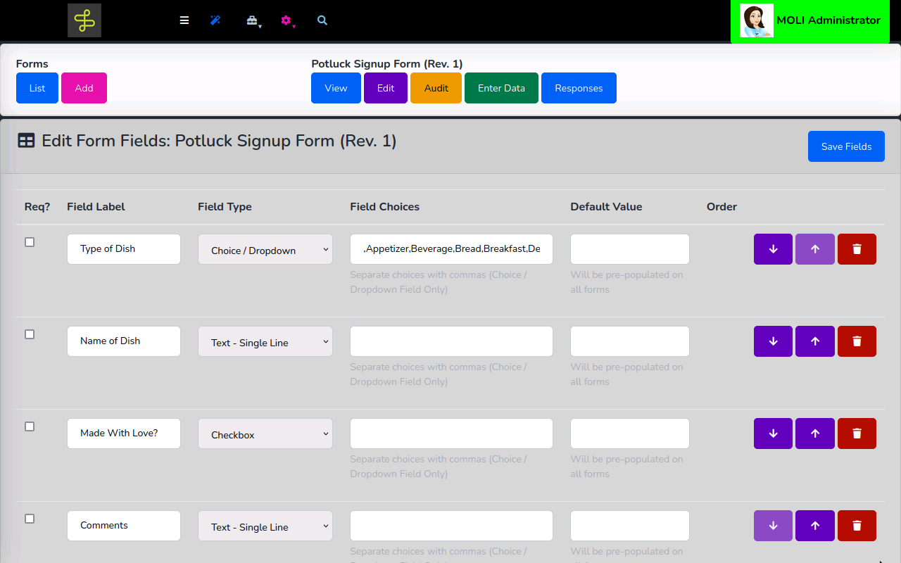 The MOLI form builder editing a form's fields
