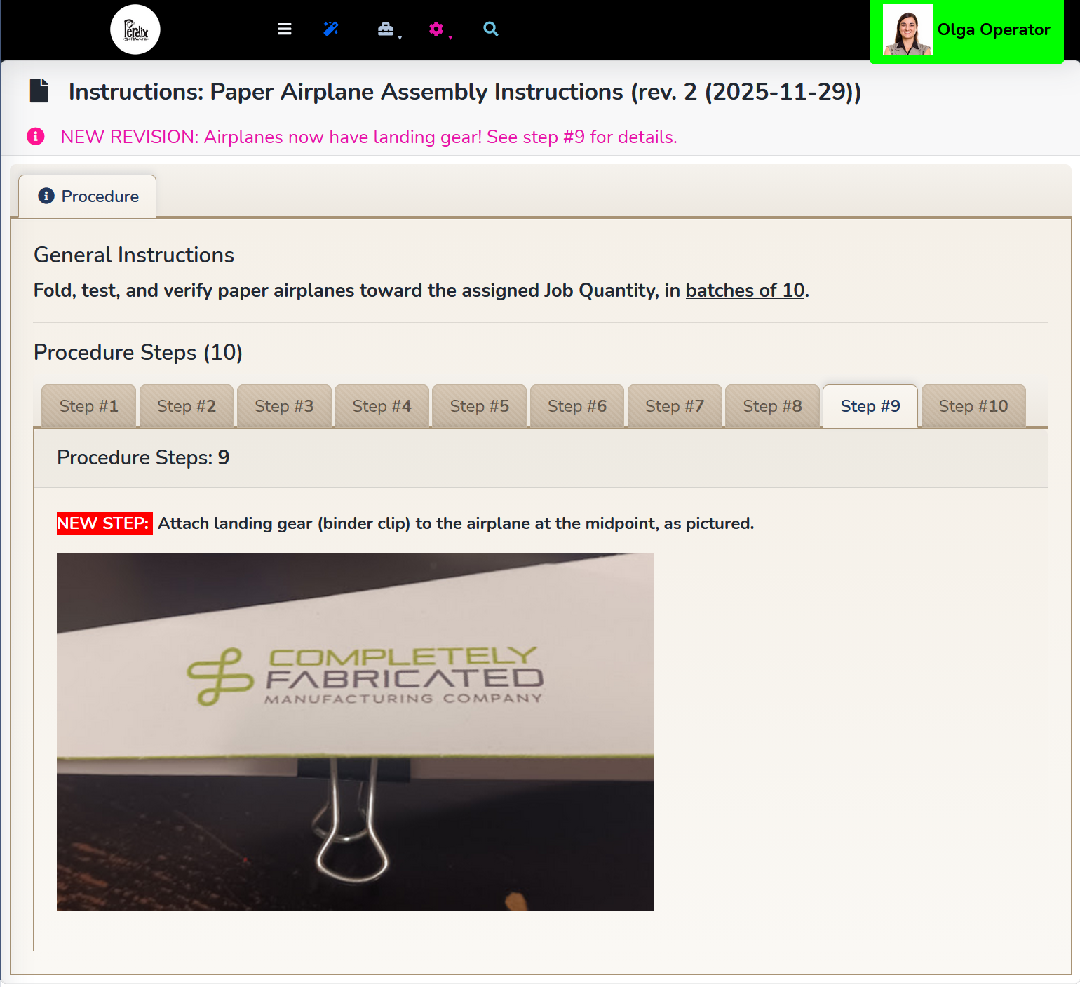 MOLI Instructions: an operator viewing a revised procedure with a new-revision notice and ten tabbed steps, one with a photo