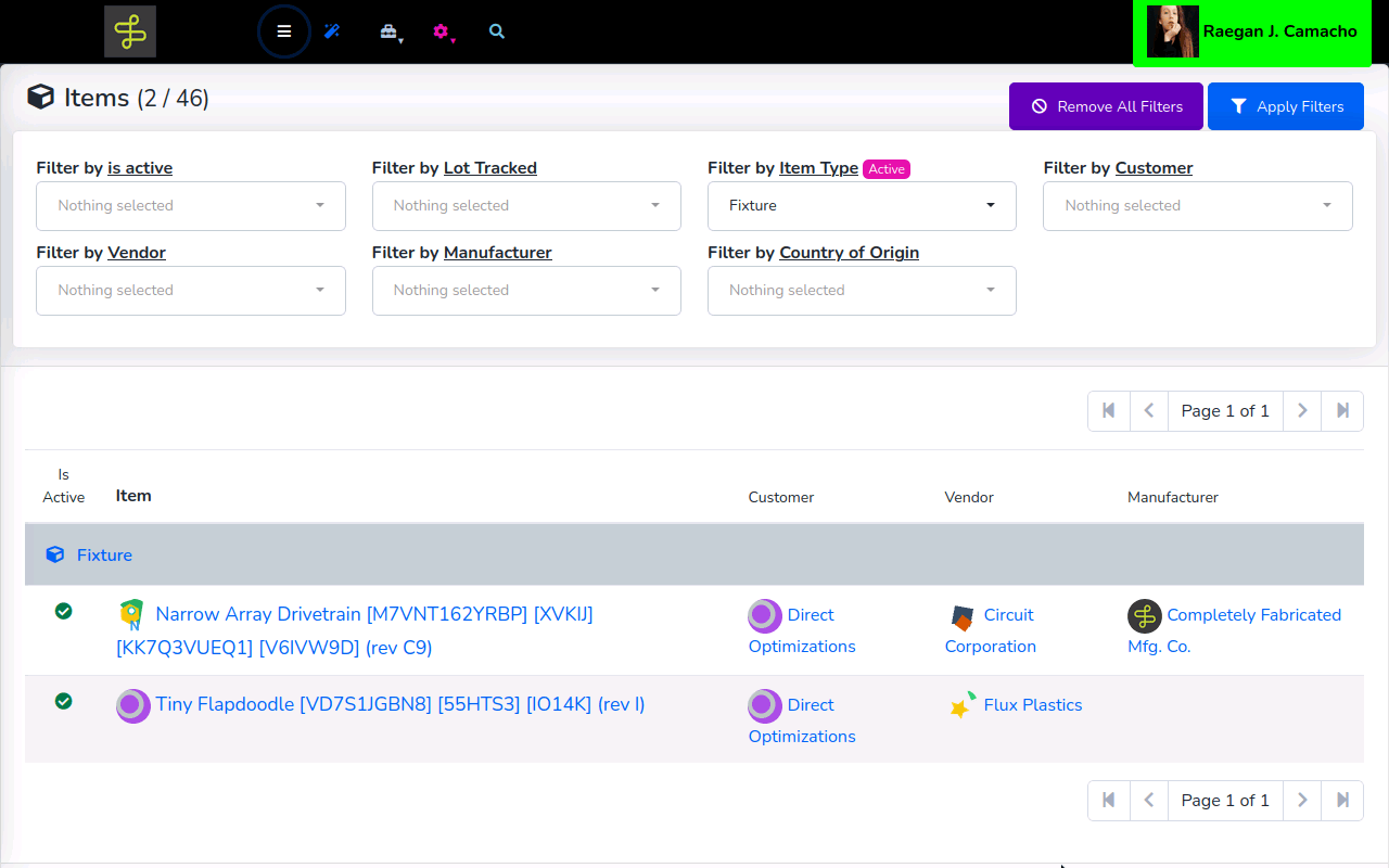 The Items list, filtered by item type, with each item's customer, vendor and manufacturer