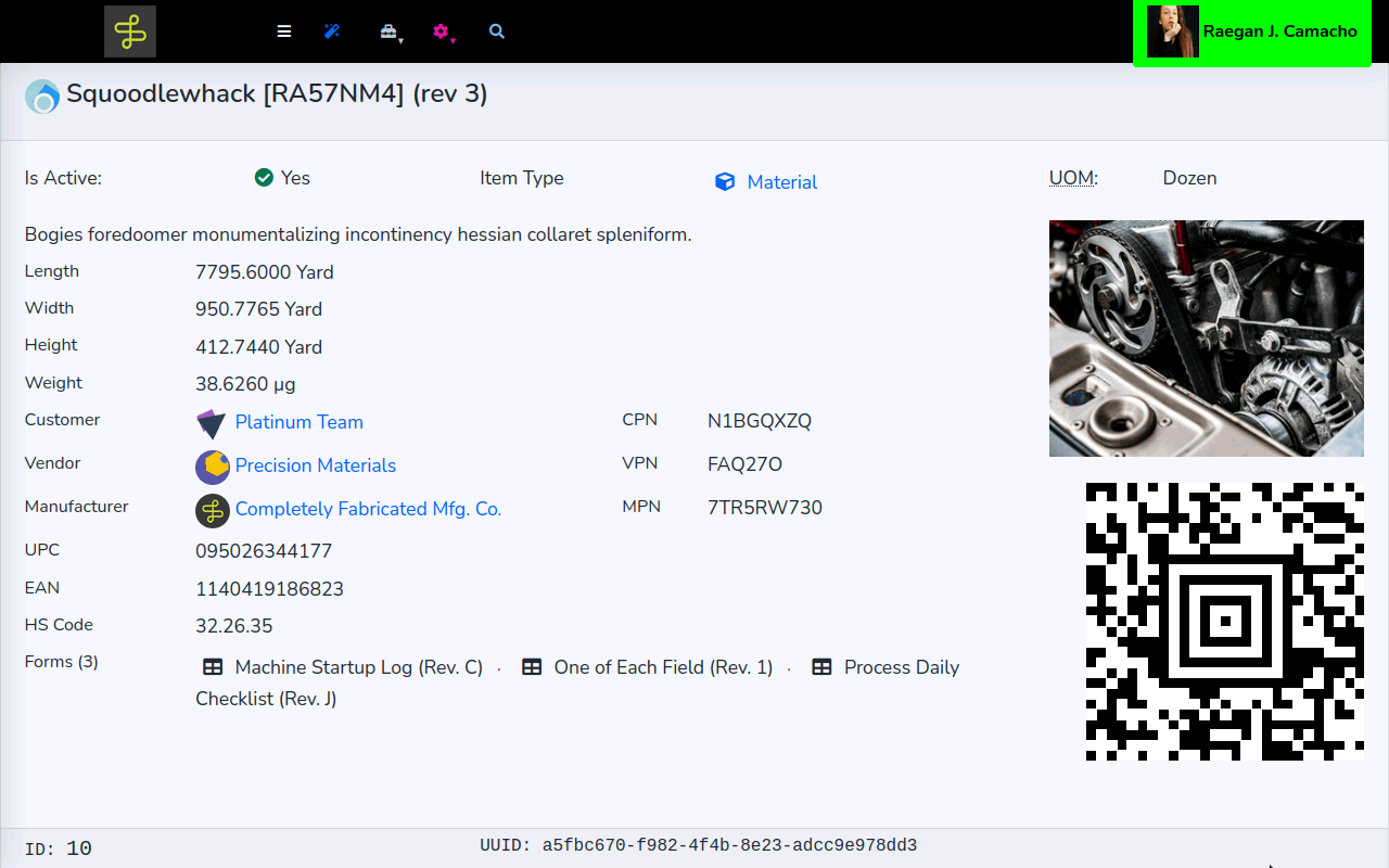 An item's page: dimensions, customer, vendor, manufacturer, part numbers, forms, a photo and its QR code