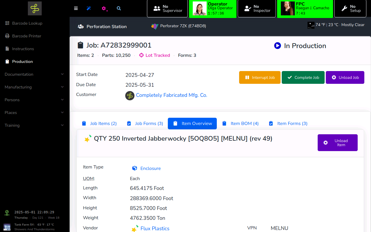 MOLI Items: a Production Kiosk job showing the Item Overview tab with item type, dimensions, weight, and vendor