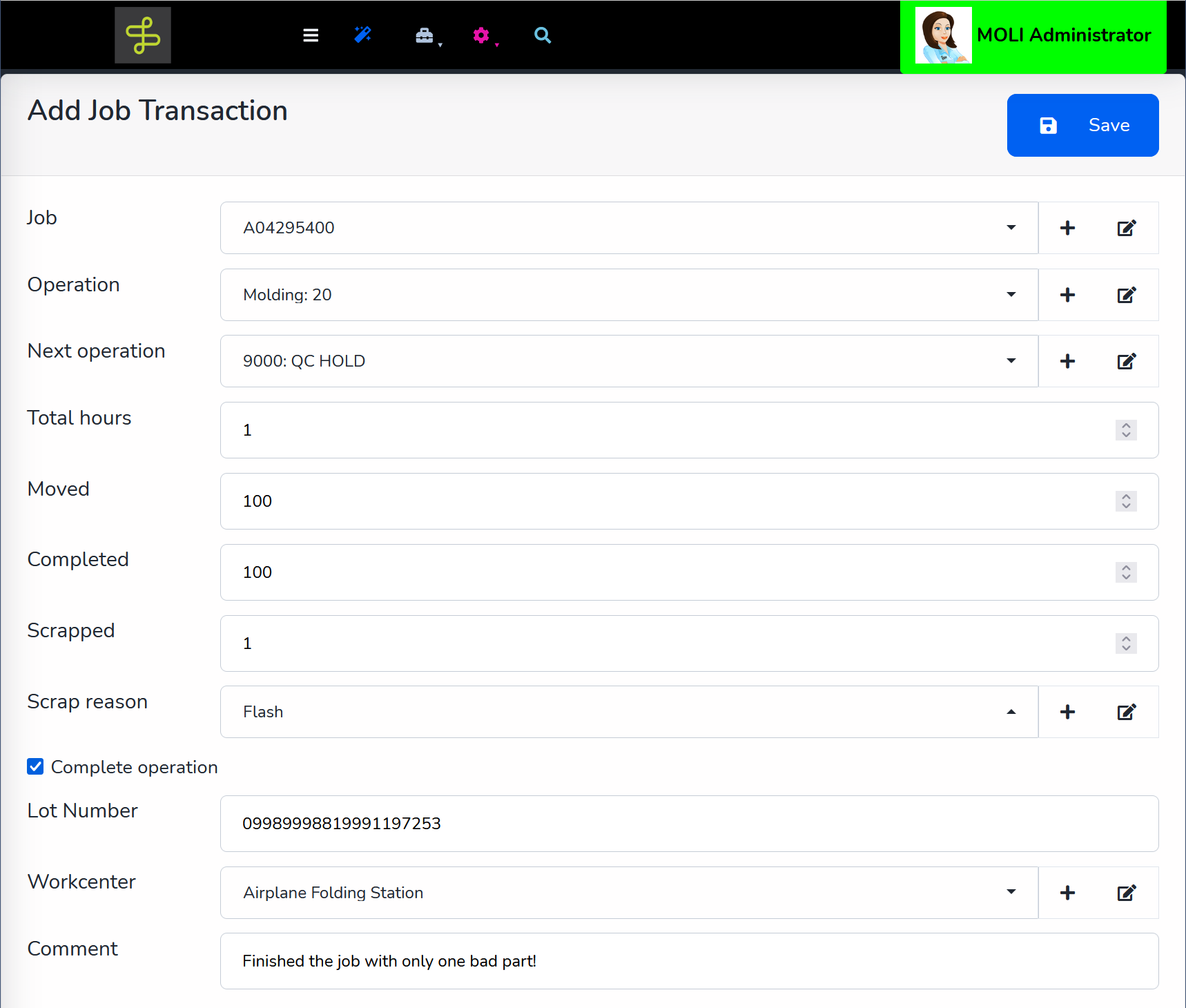 MOLI Job Transactions: the Add Job Transaction form with completed and scrapped counts, scrap reason, and lot number