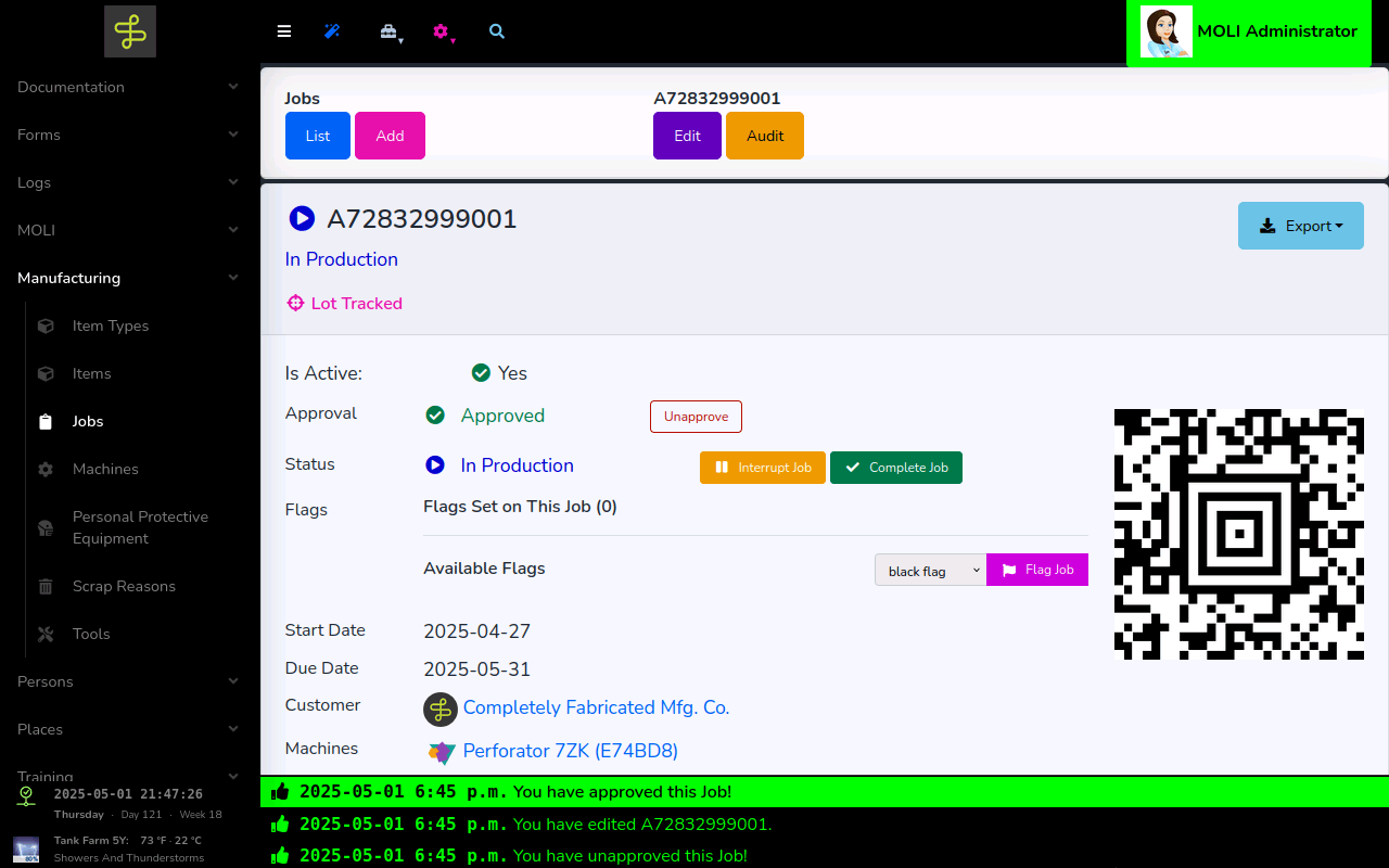 A job's page: status, approval, flags, dates, customer, machine and its QR code