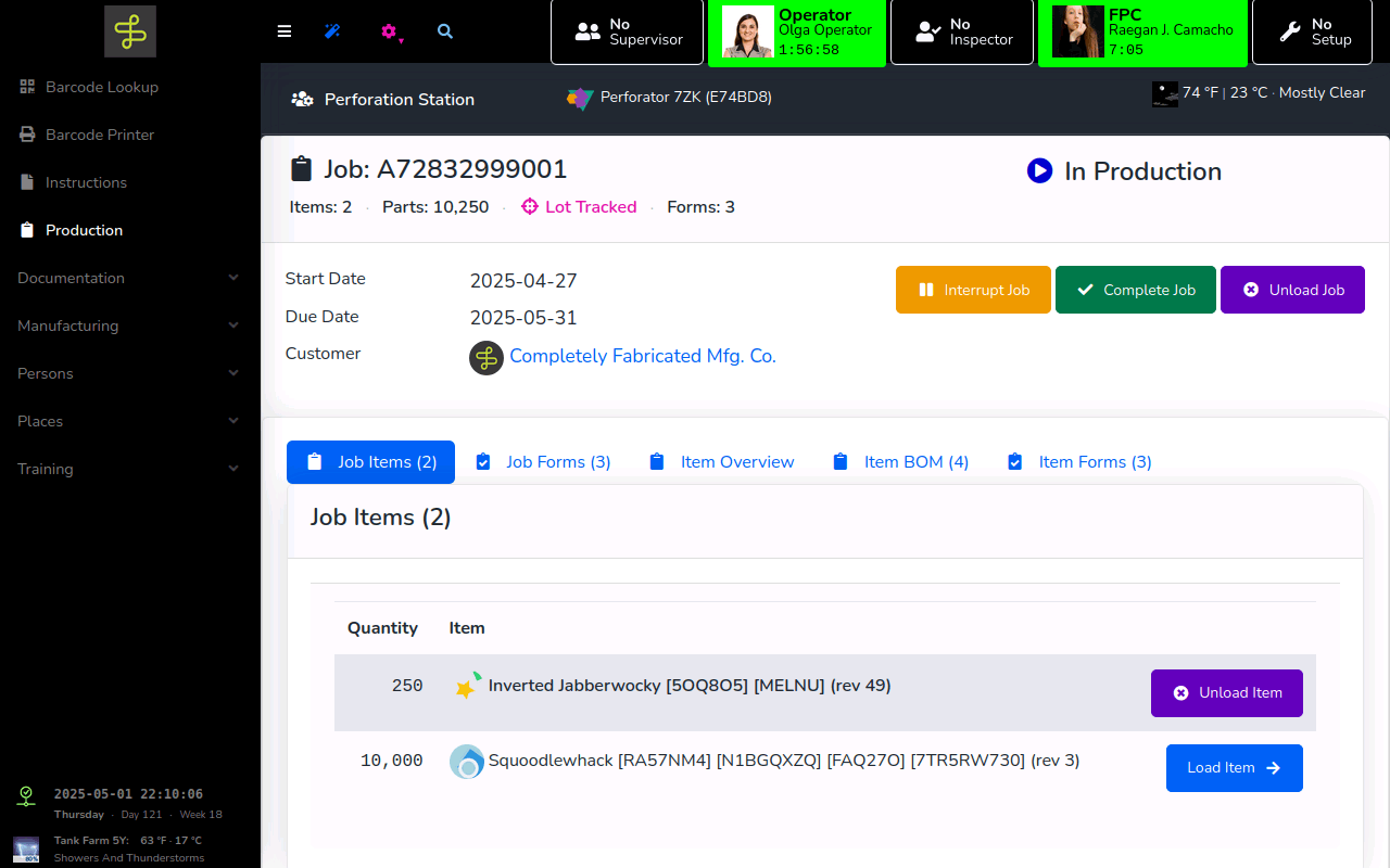 MOLI Jobs: a Production Kiosk with a job in production, showing its Job Items tab with load and unload item buttons