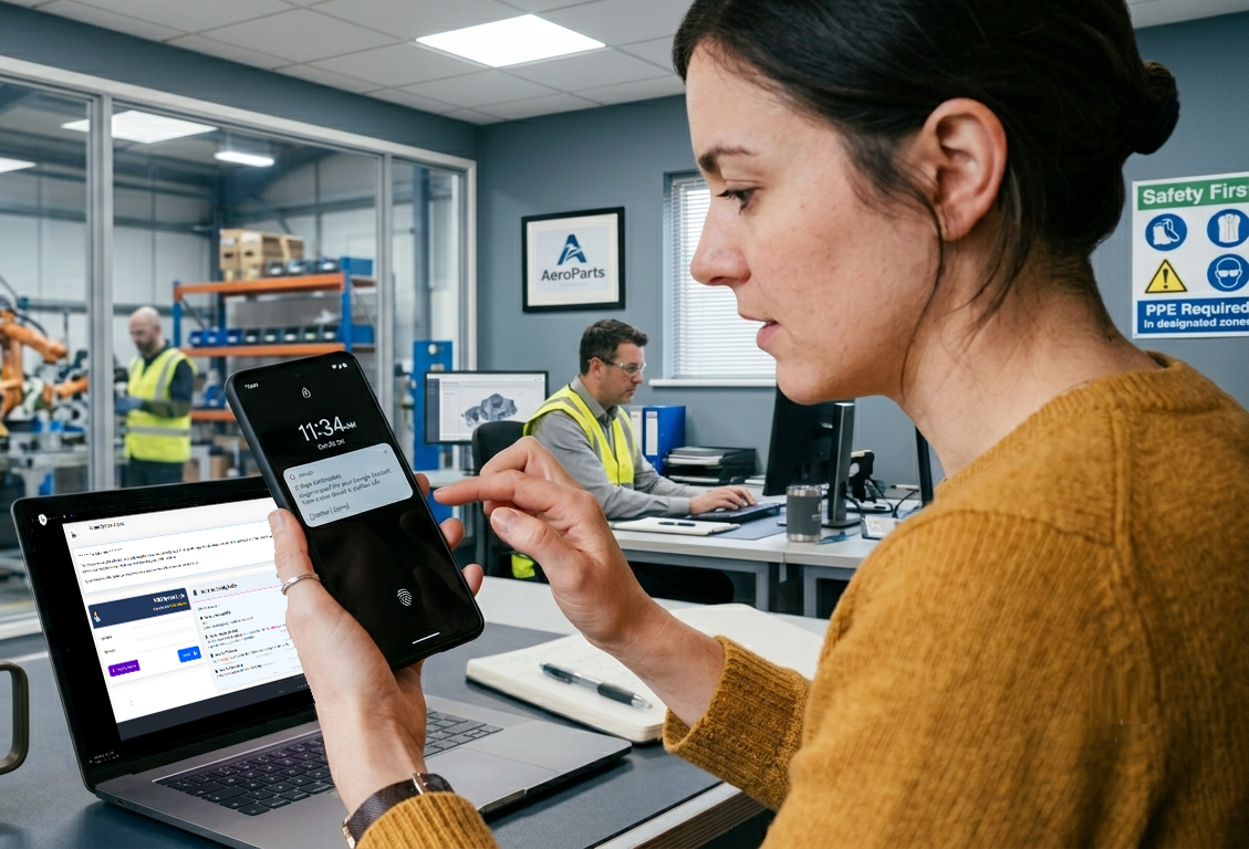 MOLI Authentication and Authorization: a woman reads a code on her phone beside a laptop login screen