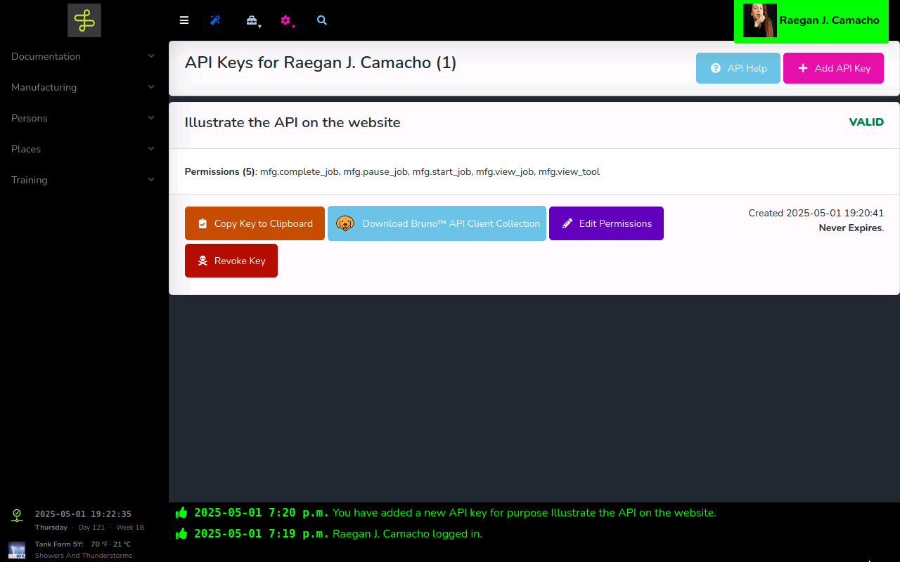 A person's API keys, each with its permissions and buttons to copy it, download a client collection, edit permissions or revoke it