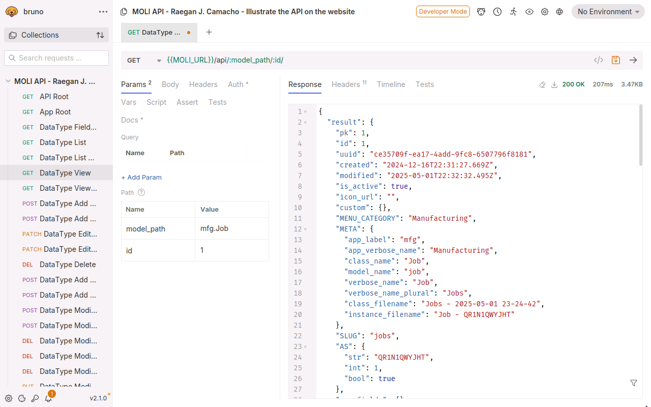 MOLI Personal API: the Bruno API client running a MOLI collection GET request for a Job and showing its JSON response