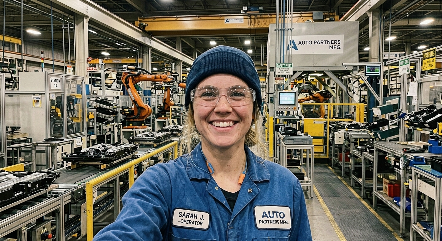 MOLI Integrated Photography: an operator in safety glasses taking her own picture on a factory floor with robotic arms