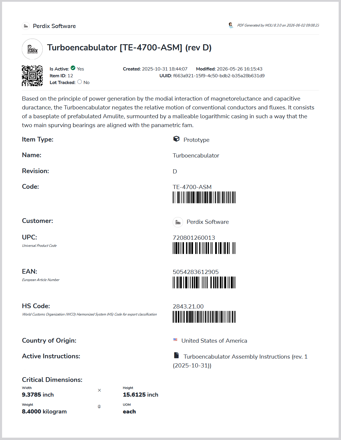 MOLI Integrated Printing: a printed PDF item sheet with a QR code and barcodes for its item code, UPC, EAN, and HS code