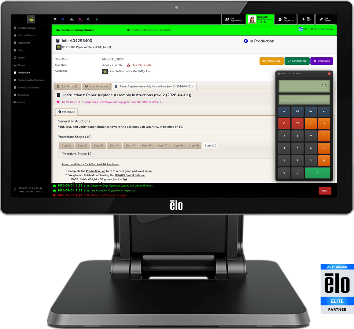 An Elo touchscreen running MOLI: a paper airplane job in production, its rev. 2 work instructions, and a calculator