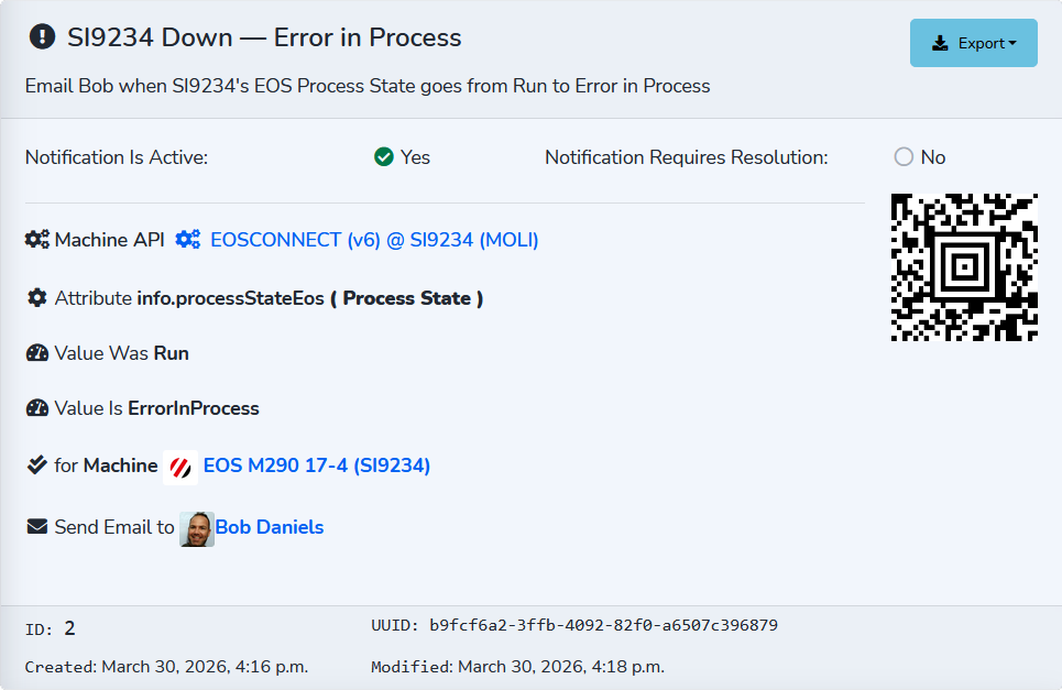 MOLI Production Notifications: a rule that emails a person when a machine API process state changes from Run to Error
