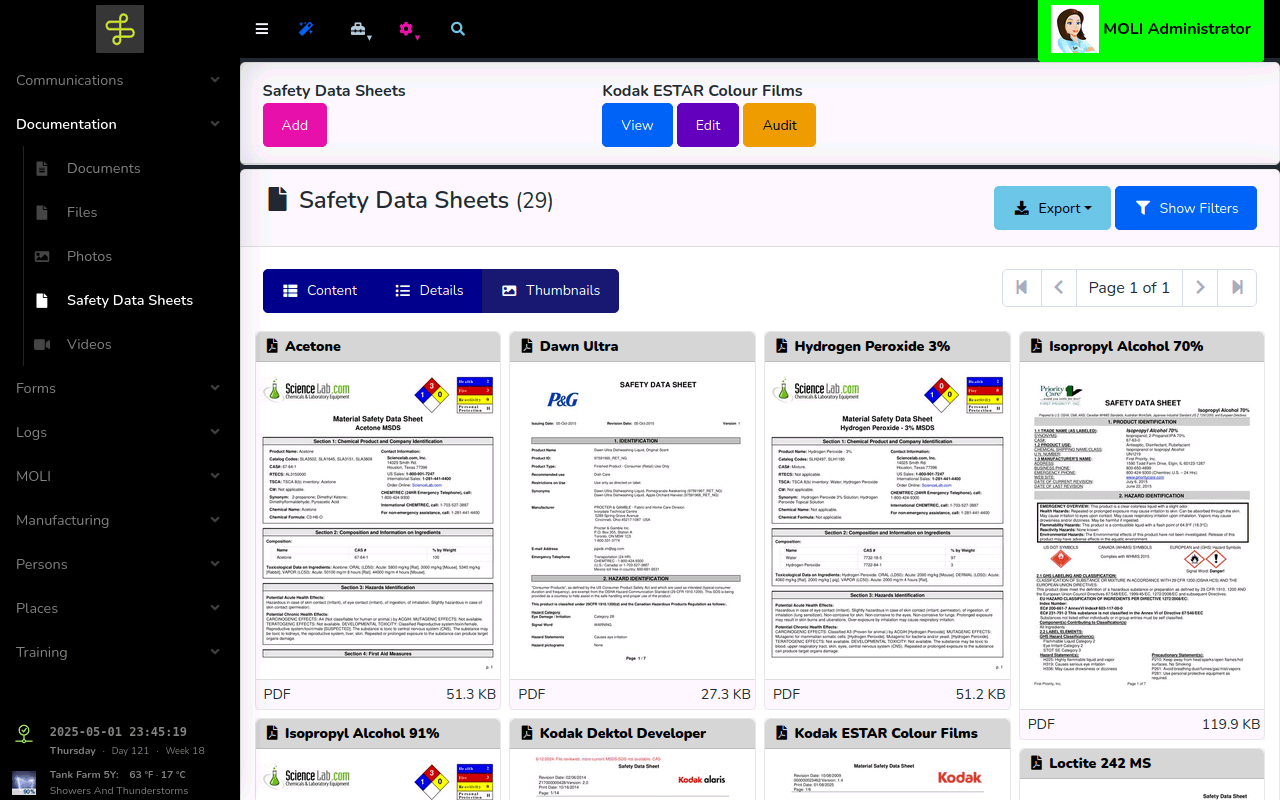 MOLI Safety Data Sheets: the SDS library in thumbnail view with PDF previews for acetone and isopropyl alcohol