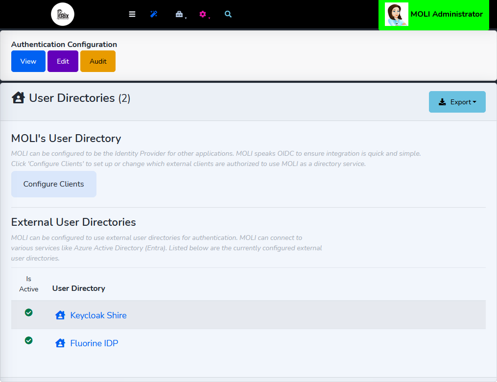 MOLI Single Sign-On: the User Directories page with MOLI's own directory and two active external identity providers