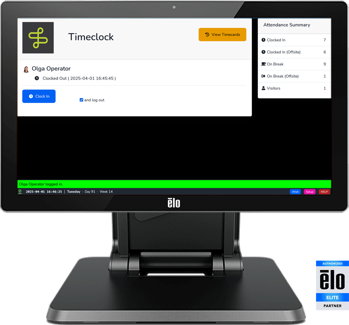 MOLI Timeclock: a touchscreen kiosk showing an employee's Clock In button, View Timecards, and a live attendance summary
