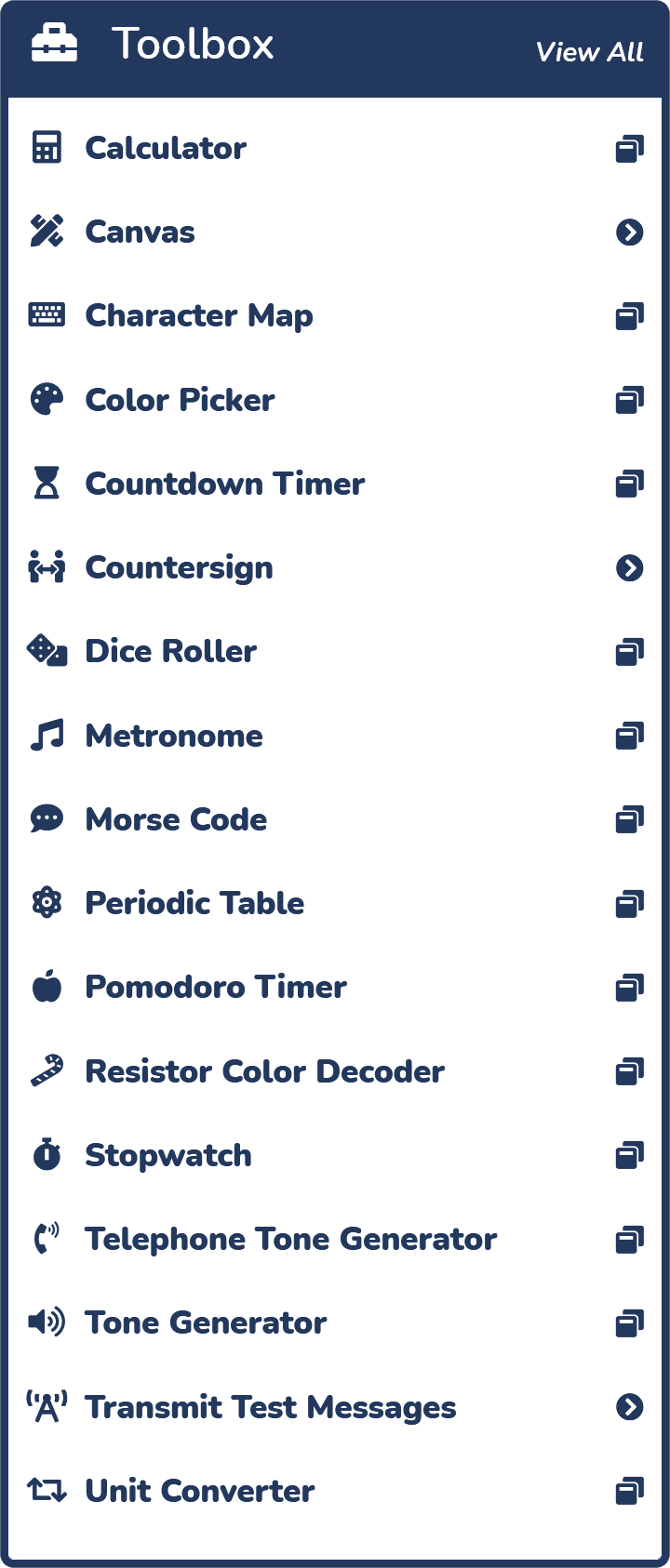 The MOLI Toolbox menu dropped down over a kiosk screen, listing its tools