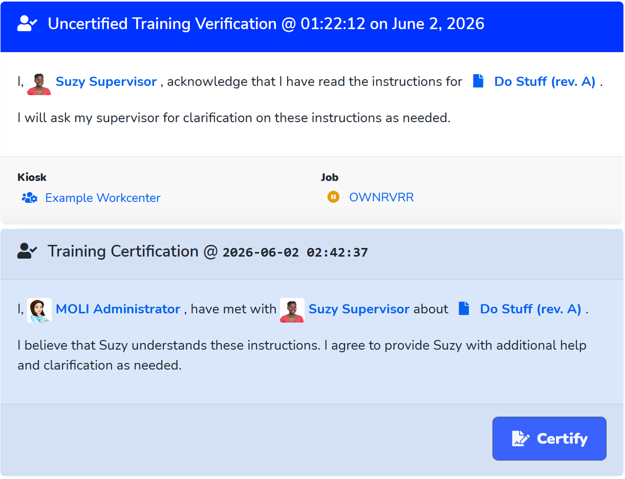 MOLI Training Verifications: an operator's signed acknowledgment of instructions and the supervisor certification form