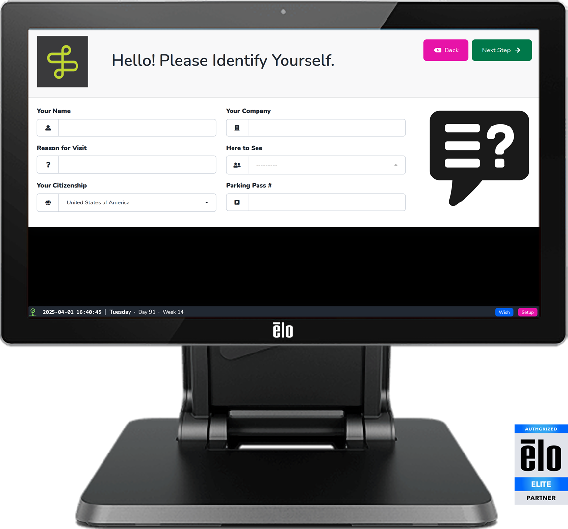 The MOLI Visitor Kiosk welcome screen on a lobby touchscreen