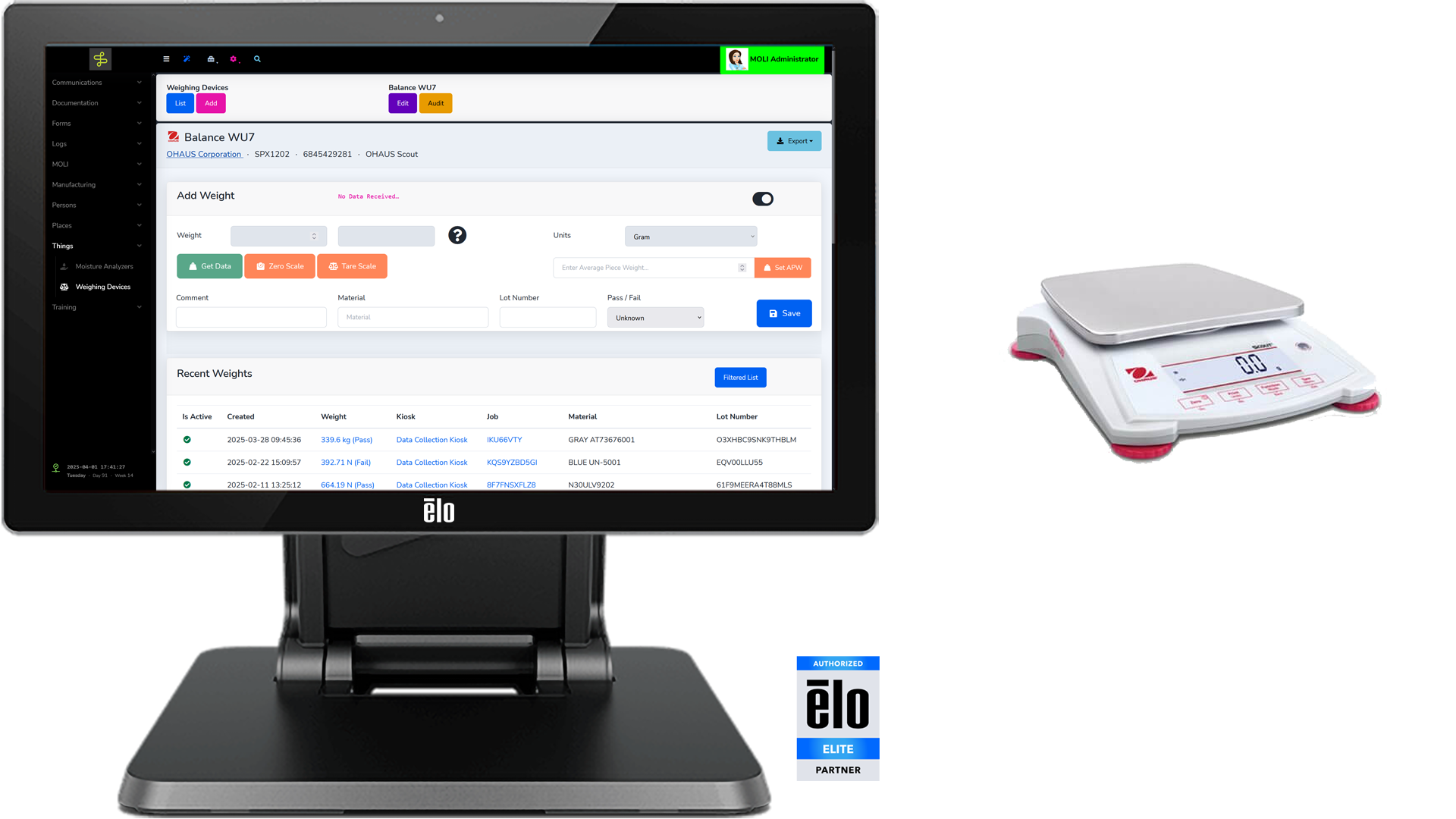 MOLI Weighing and Scales: a touchscreen kiosk showing the Add Weight form and recent weights beside an OHAUS Scout balance