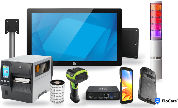 MOLI Certified Devices, one from each category: Pole Mount Bolt Down Kit, Power-over-Ethernet Module, 22" I-Series 5 Steel for Android, LA6-POE Signal Tower, ZT411 Industrial Thermal Transfer, 3200 Series Thermal Transfer Ribbon 4.33" x 1476', Elo Backpack® 5 with Android, DS3608-SR Ultra-Rugged Corded Barcode Scanner, TC22 Mobile Computer, For Backpack: 5 year EloCare Warranty